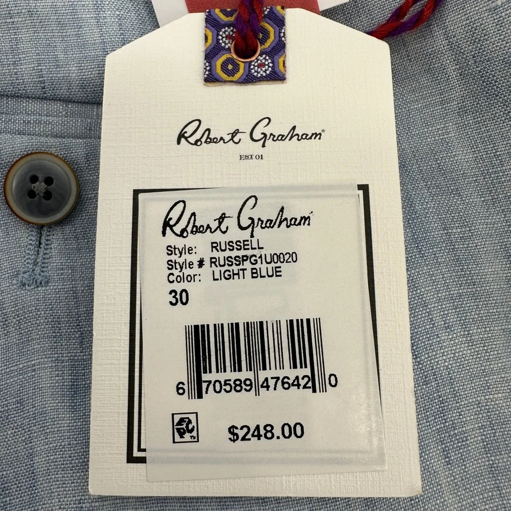 Robert Graham Russell Light Blue 100% Linen Modern Fit Pants 30R NEW